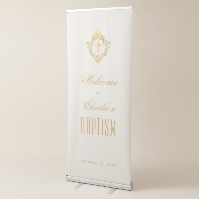 Baptism Welcome Ivory Gold Cross Crest Calligraphy Retractable Banner (3/4)