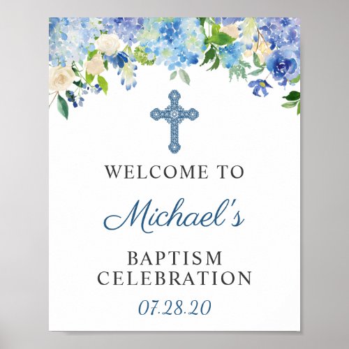 Baptism Welcome Sign Blue Hydrangea Floral