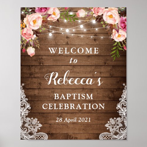 Baptism Welcome Sign Rustic Floral String Lights