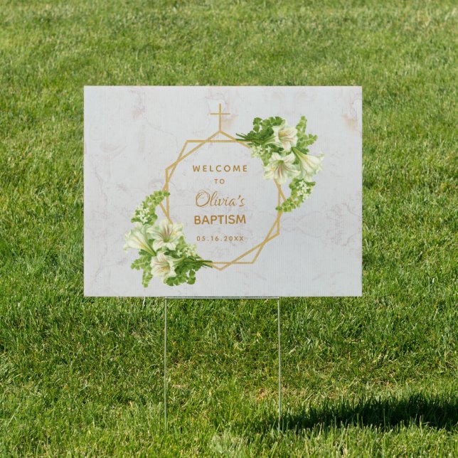 Baptism Welcome White Lilies Marble Gold Floral Sign (Insitu)