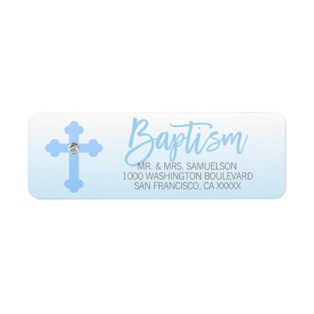 Baptism White Blue Cross BOY Return Address Label (Front)