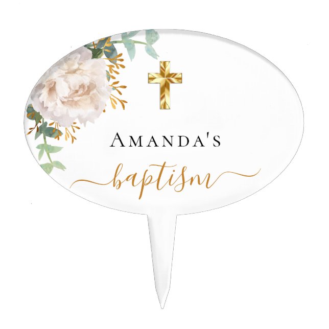 Baptism white floral eucalyptus girl rose gold cake topper (Front)