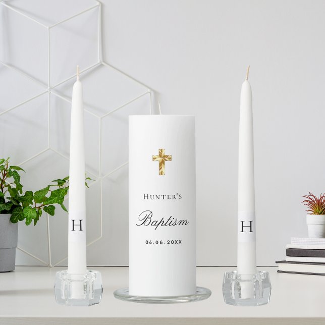 Baptism white gold cross boy girl name unity candle set (Creator Uploaded)