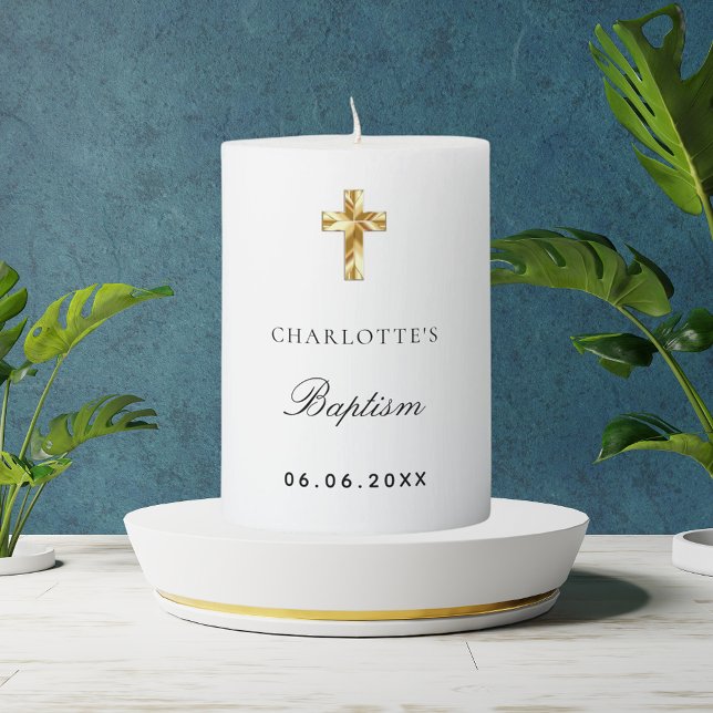 Baptism white gold cross name pillar candle (Creator Uploaded)