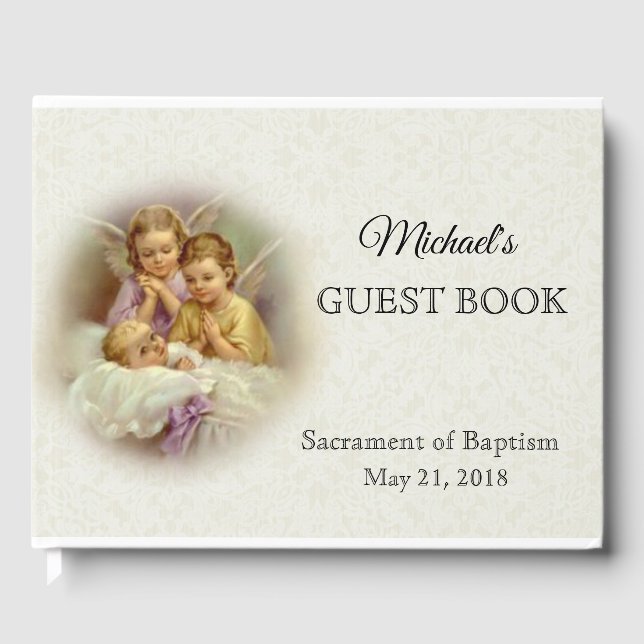 Baptism White Lace Baby Praying Angels Guest Book (Front)