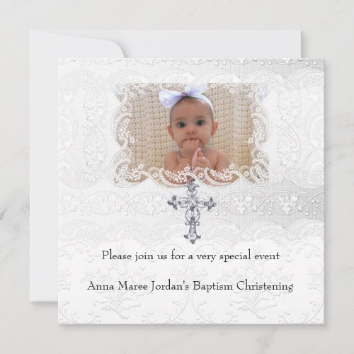 Baptism White Lace Photo Jewel Cross Custom Announcements