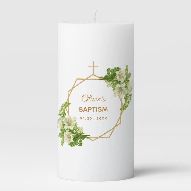 Baptism White Lilies Gold Cross Floral Geometric Pillar Candle (Front)
