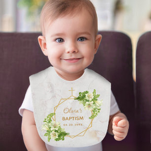 Baptism White Lilies Marble Gold Floral Geometric Baby Bib