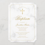 Baptism White Marble Gold Cross Script Boy Invitation