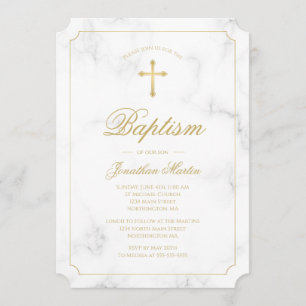Baptism White Marble Gold Cross Script Boy Photo Invitation