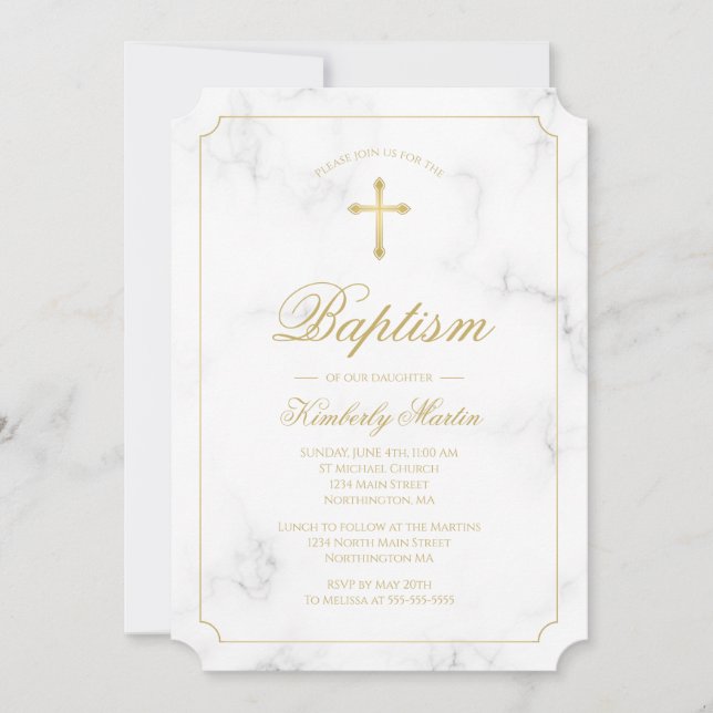 Baptism White Marble Gold Cross Script Invitation (Front)