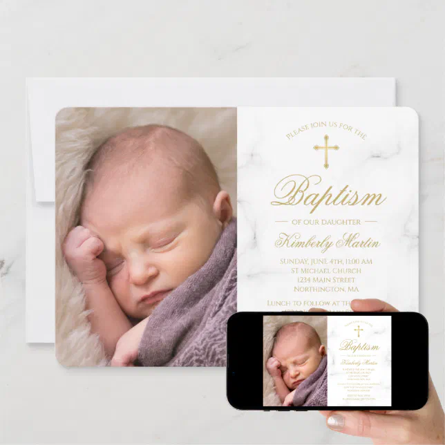 Baptism White Marble Gold Cross Script Photo Girl Invitation | Zazzle