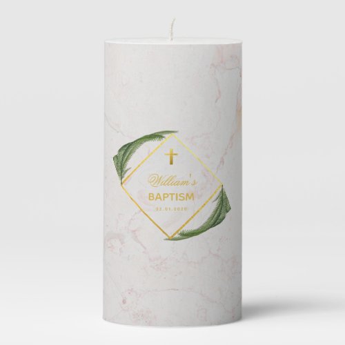 Baptism White Marble Green Fern Leaves Faux Gold Pillar Candle