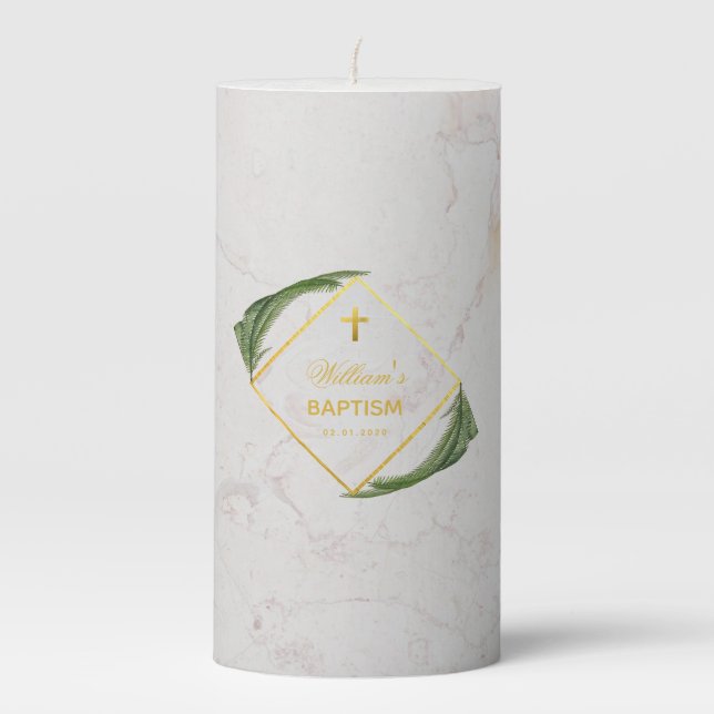 Baptism White Marble Green Fern Leaves Faux Gold Pillar Candle (Front)