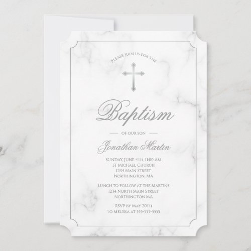 Baptism White Marble Silver Cross Script Boy Invitation