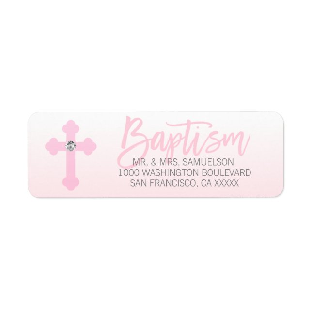 Baptism White Pink Cross Girl Return Address Label (Front)
