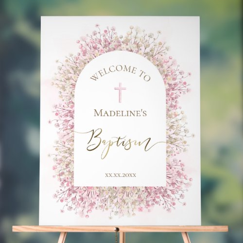Baptism white pink floral welcome acrylic sign