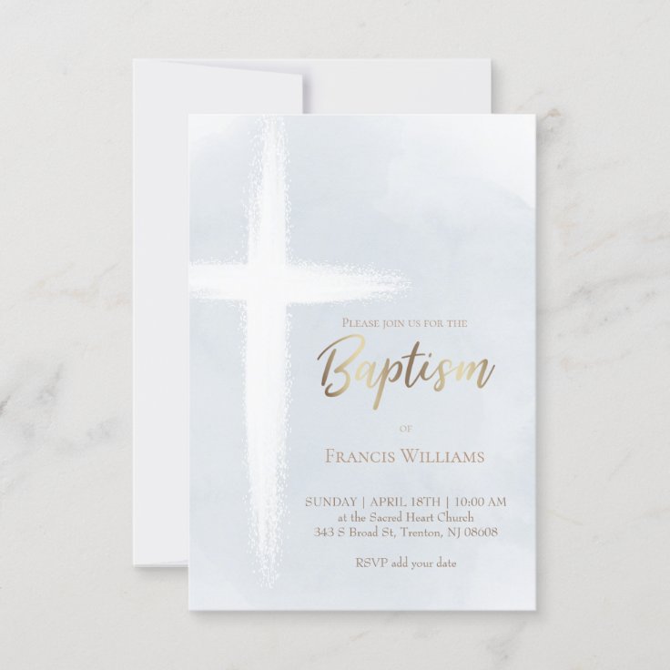 Baptism white watercolor cross invitation | Zazzle