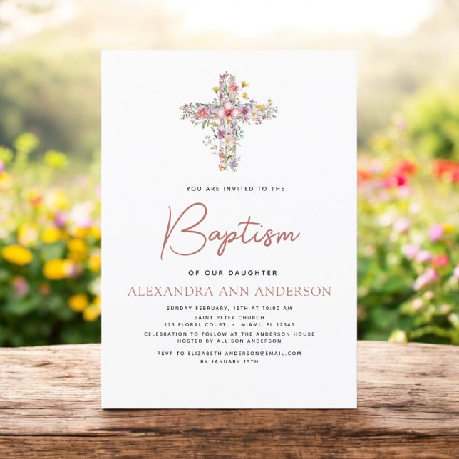 Baptism Wildflower Dusty Pink Rose Greenery Invitation (Creator Uploaded)