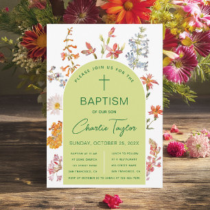 Baptism Wildflowers Green Arch Floral Christening Invitation