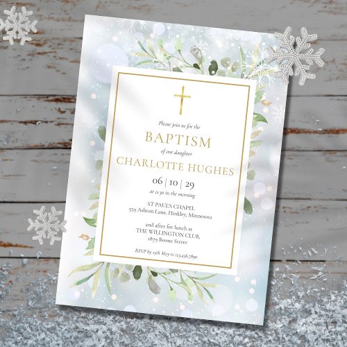 Baptism Winter Snowflakes Watercolor Greenery Invitation