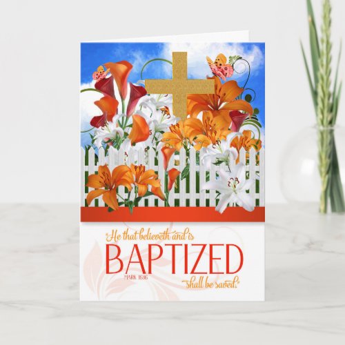 Baptism Wishes Mark 16 Bible Scripture with Cross Card