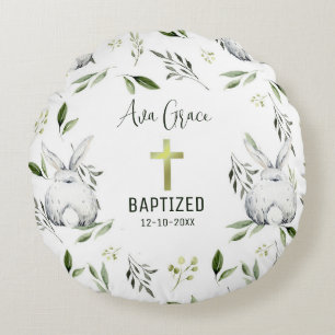 Baptism with Cross, Bunny  Round Pillow