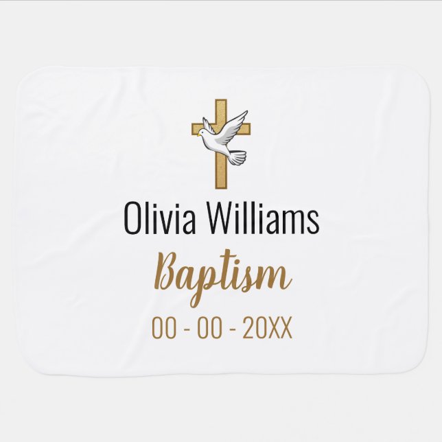 Baptism with Cross, Dove, Name and Date Keepsake Baby Blanket (Horizontal)