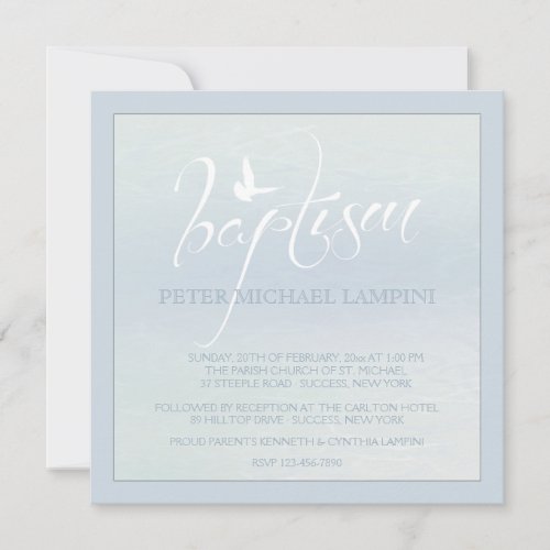 Baptism Word With Dove Blue Invitation