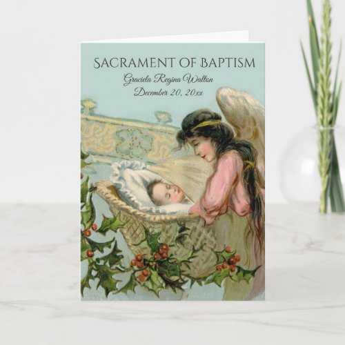 Baptismal Baby Angel Pointsettia Invitation Card
