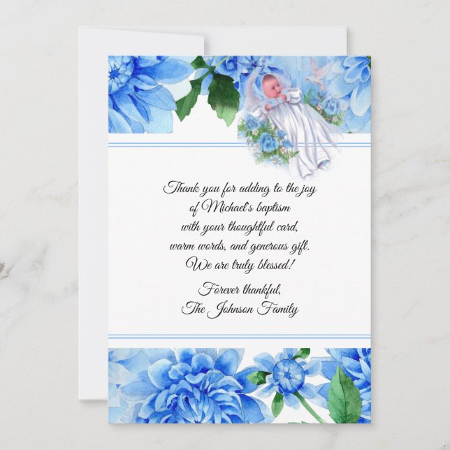 Baptismal Baby Boy Blue Flowers Thank You (Front)