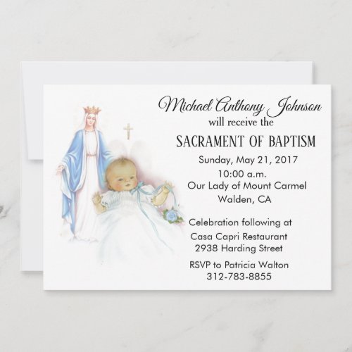 Baptismal Baby Boy Vintage Virgin Mary Invitation