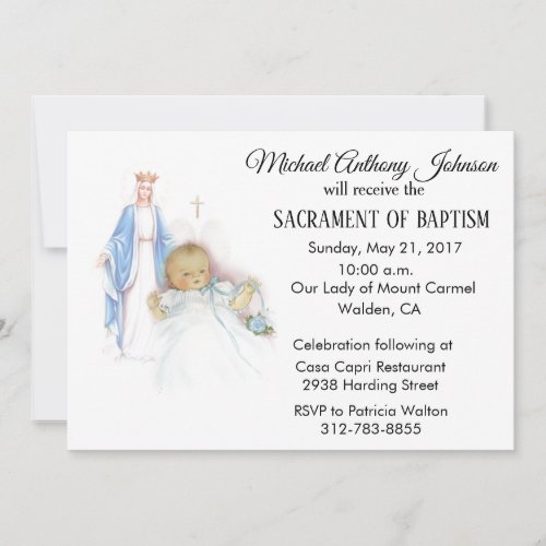 Baptismal Baby Boy Vintage Virgin Mary Invitation