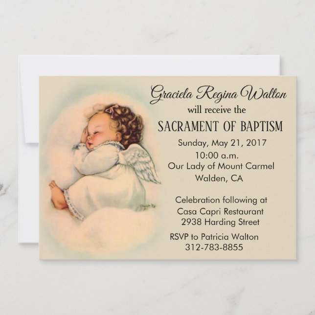 Baptismal Baby Girl Angel vintage  Invitation (Front)
