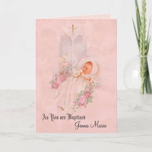 Baptismal Baby Girl Christening Roses Cross Card (Front)