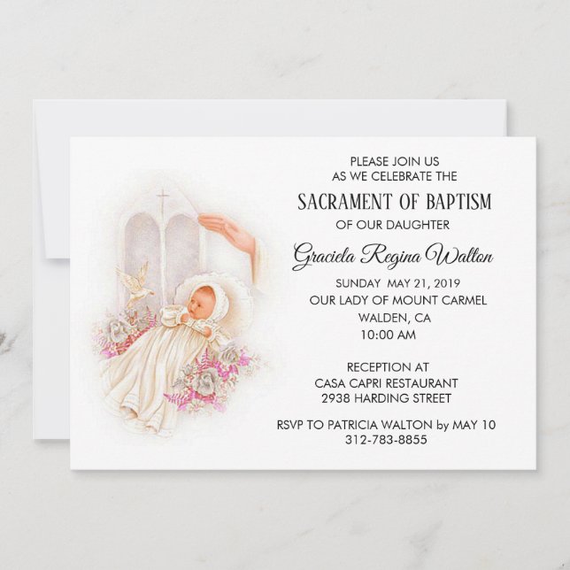 Baptismal Baby Girl Pink Flowers Invitation (Front)