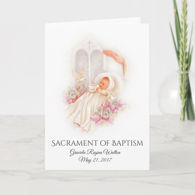 Baptismal Baby Girl Pink Flowers Invitation Card (Front)