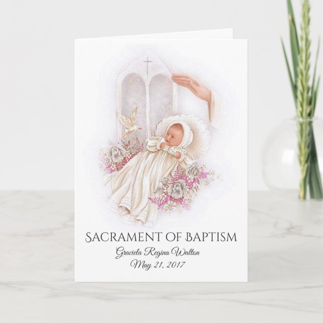 Baptismal Baby Girl Pink Flowers Invitation Card (Front)