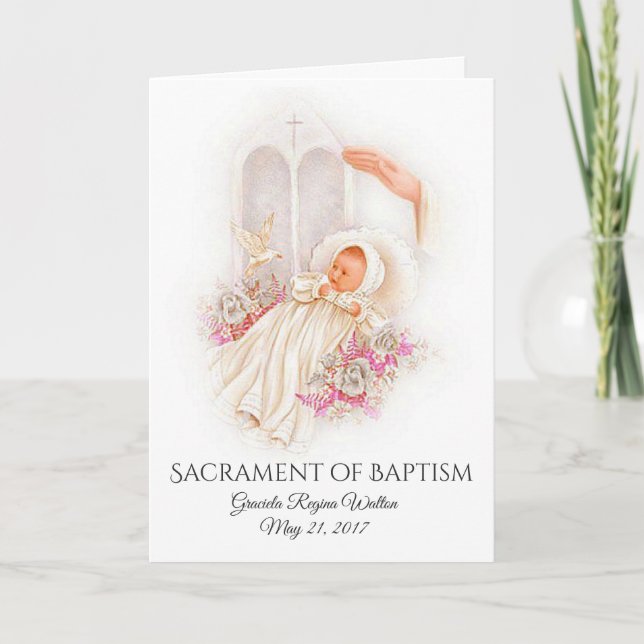 Baptismal Baby Girl Pink Flowers Invitation Card (Front)