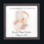 Baptismal Baby Girl Pink Flowers Keepsake Gift Box<br><div class="desc">This personalized traditional Baptismal keepsake jewelry box has a darling image of a baby girl being blessed on her baptism day accented with pink roses. There is an area for you to personalize with the name of the child.. It would be a perfect keepsake to store all the small gifts...</div>