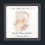 Baptismal Baby Girl Pink Flowers Keepsake Gift Box<br><div class="desc">This personalized traditional Baptismal keepsake jewelry box has a darling image of a baby girl being blessed on her baptism day accented with pink roses. There is an area for you to personalize with the name of the child.. It would be a perfect keepsake to store all the small gifts...</div>