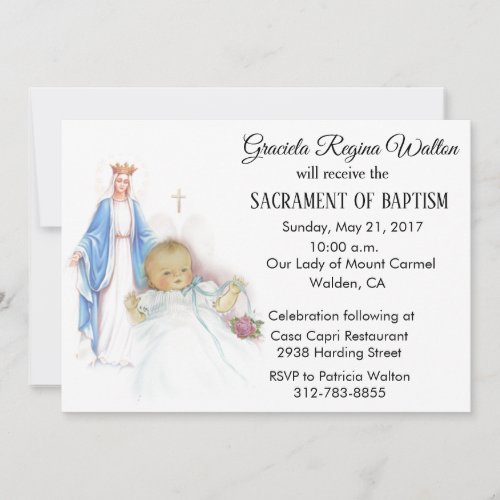 Baptismal Baby Girl Vintage Virgin Mary Invitation