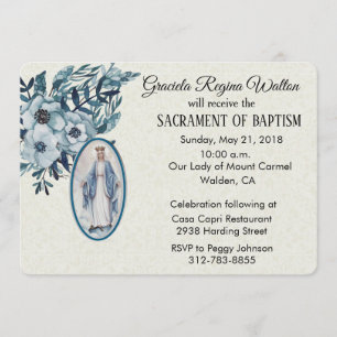 Baptismal Baby Virgin Mary Blue Flowers Invitation