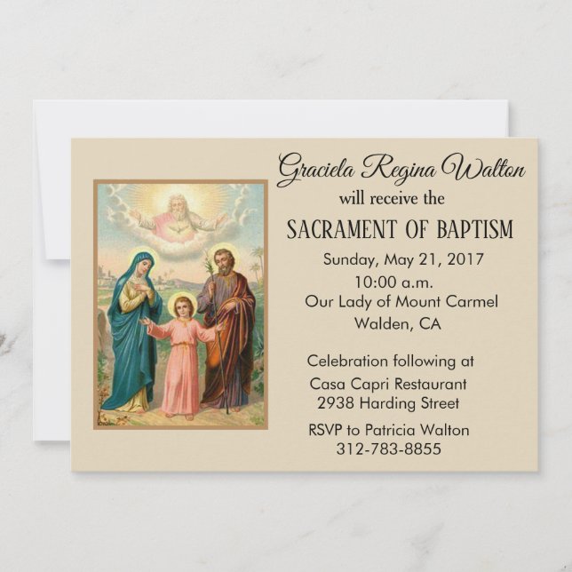 Baptismal Holy Family Jesus Mary Joseph Invitation (Front)