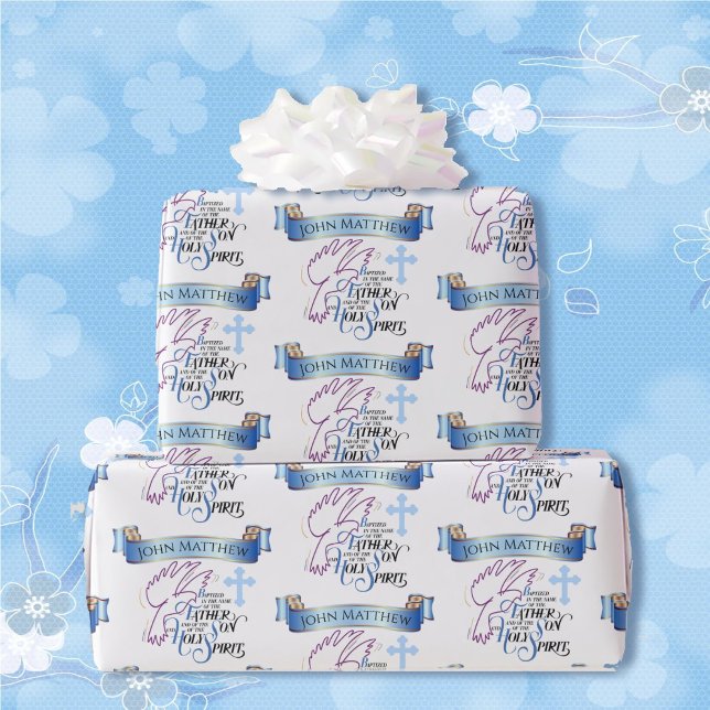 Baptized Holy Spirit Boy's Blue White Cross Dove Wrapping Paper (Creator Uploaded)
