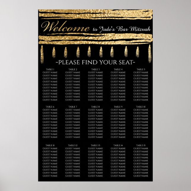 Bar and Bat Mitzvah Gold Tallit Seating Chart (Front)