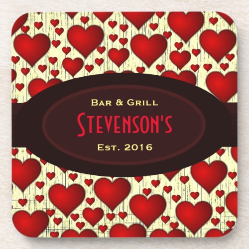 Bar and Grill on Red Hearts and Burgundy Nameplate Coaster