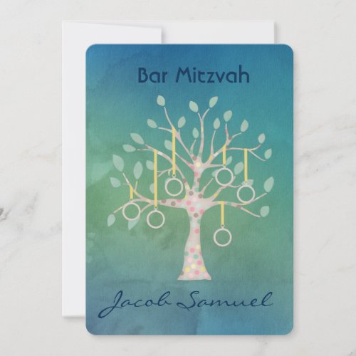 Bar Bat Bnai Tree of Life Mitzvah Watercolor Blue Invitation