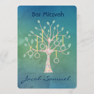 Bar Bat Bnai Tree of Life Mitzvah Watercolor Blue Invitation