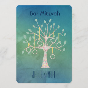 Bar Bat Bnai Tree of Life Mitzvah Watercolor Blue Invitation